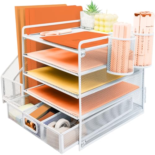 PLSOPPKG Schreibtisch Organizer mit Aktenhalter, 5 Ebenen Papier Organizer Briefablage mit Schublade und 2 Stiftehalter, Mesh Schreibtisch Akten Organizer mit Zeitschriftenhalter für Büro, weiß