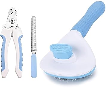 PetJoy Pet Grooming Self-Cleaning Slicker Brush + Nail Clipper with Filer | Wire-Pin Brushes for Dogs & Cats | Complete Grooming Combo Set
