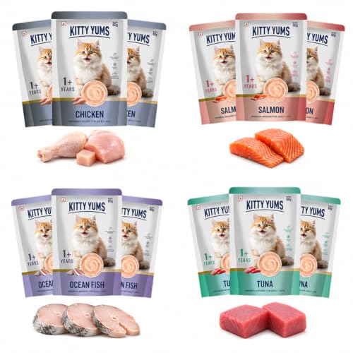 Image of Kitty YUMS Wet Cat Food Mousse Variety Pack | Salmon, Ocean Fish, Tuna & Chicken | 80g x 3 Each | Pack of 12 | Mousse for Adult Cats