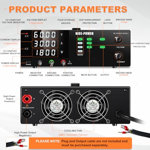 Image of NICE-POWER DC Power Supply Variable, 60V 30A 1800W High Power Switching DC Regulated Bench Power Supply with Output Switch, OCP & OVP, Memory Function, Encoder Knob, 4-Digit LED Display, Lock Button