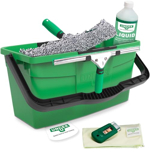 UNGER ErgoTec Profi Fensterreiniger 6in1 Complete Kit – Profi Fensterputzer Set mit Fensterabzieher, Fensterwischer, Eimer, Reiniger-Konzentrat, Mikrofasertuch, Sicherheitsschaber für Glasreinigung