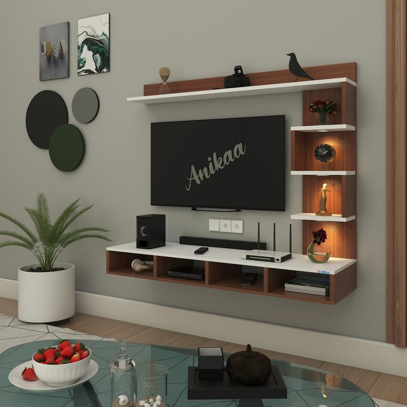 Anikaa Laura Engineered Wood Wall Mount TV Unit LED Light TV Cabinet Wall TV Stand - (Walnut/White) (Ideal for 43 Inch)(D.I.Y)