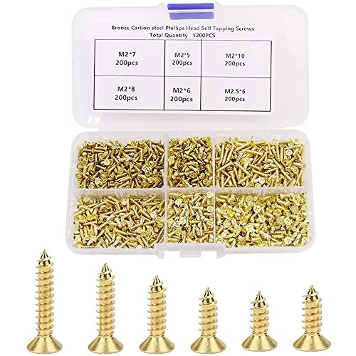 1200pcs Small Self Tapping Screws Flat Head Cross Wood Screws Assortment Kit M2 / M2.5 Self Drilling Screws Carbon Steel Small Screw for Hinges Multi-Purpose DIY Decorative