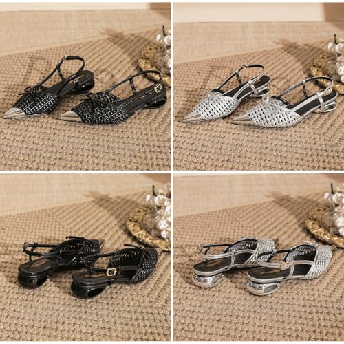 Women's Braided Mesh Bow Slingback Pumps Closed Pointed Toe Ankle Strap Low Block Heel Dress Shoes for Wedding Party Work2