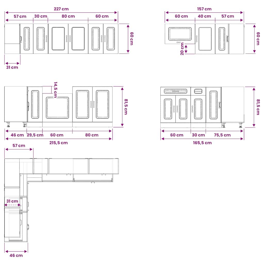 Set di mobili da cucina Kalmar, 11 pezzi, in legno Sonoma, versatile, con molto spazio, piedini regolabili, facile da pulire, per cucine e sale da pranzo moderne, con organizer per stoviglie
