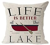 Life is Better at The Lake Paddle Boat Cotton Linen Square Throw Waist Pillow Case Decorative...