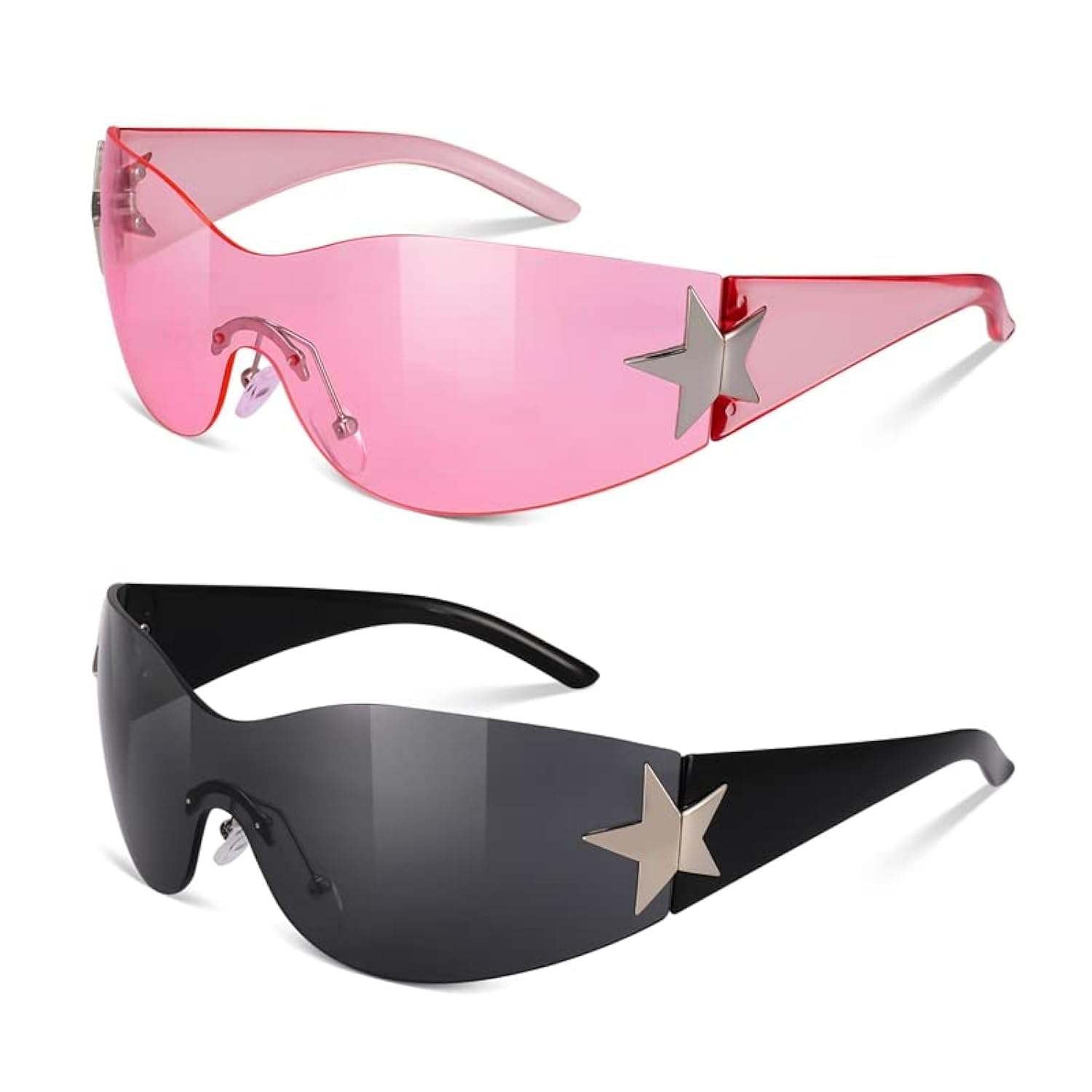 2 Pairs Y2K Sunglasses for Women Men, Trendy Shield Wrap Around Sun Glasses, Rimless Star Sunglasses Oversized Glasses Shades