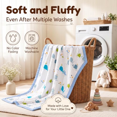 Image of StarAndDaisy Muslin Cotton Blanket 110 x 110 cm, Soft Lightweight Baby Blanket with Whale Print, Breathable Muslin Wrap for Newborns, Infants and Toddlers.