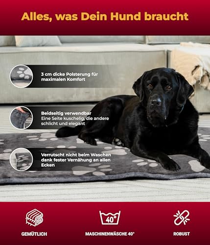 HS-Hundebett® Hundedecke XL (95x135 cm) – rutschfest und gemütlich Dank 3 cm Füllung – Perfekt fürs Sofa, Auto & Hundebox – Pfote Anthrazit, Made in DE