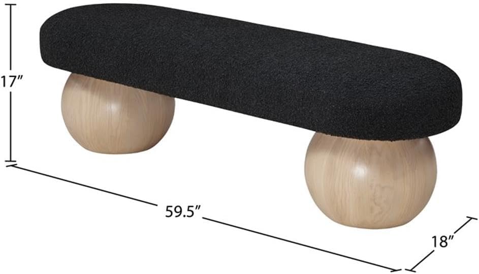 Pemberly Row Black Boucle Fabric Bench, 59.5" W x 18" D x 17" H, Solid Ash Wood Ball Shape Legs, Art Deco Design Modern Seating for Living Room or Bedroom Spaces