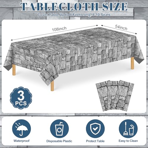 Image of 3 Pack Stone Wall Plastic Tablecloths, 54 x 108 Inch Medieval Castle Party Decorations Brick Stone Table Cloths for Rectangle Tables Waterproof Table Cover for Knight Birthday Castle Party Supplies
