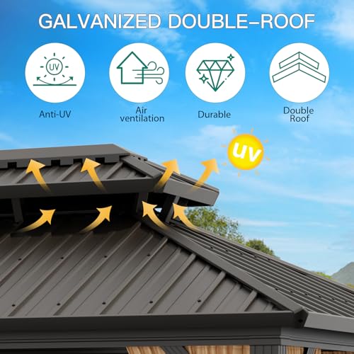 10x12ft Gazebo, Hardtop Double Roof Canopy with Netting and Curtains, Outdoor Gazebo Galvanized Iron Aluminum Frame Garden Tent for Patio, Backyard, Deck, Lawns (Brown)