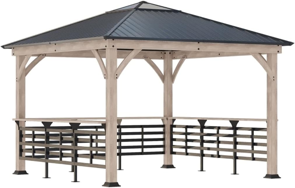 11' x 11' Outdoor Barbecue Gazebo Awning with bar Metal Acrylic Combination roof, Solid Wood Frame Gazebo