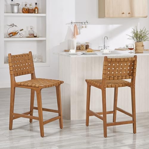 Butaco moderno de cuero sintético tejido y estructura de madera, altura de asiento 24 pulgadas, color marrón miniatura 2