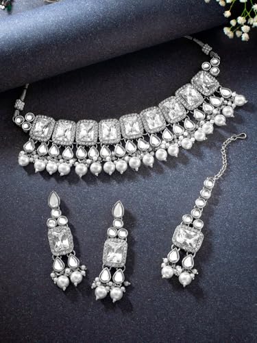 Image of Peora Crystal Faux Pearl Kundan Necklace & Jewellery Set Gift for Women