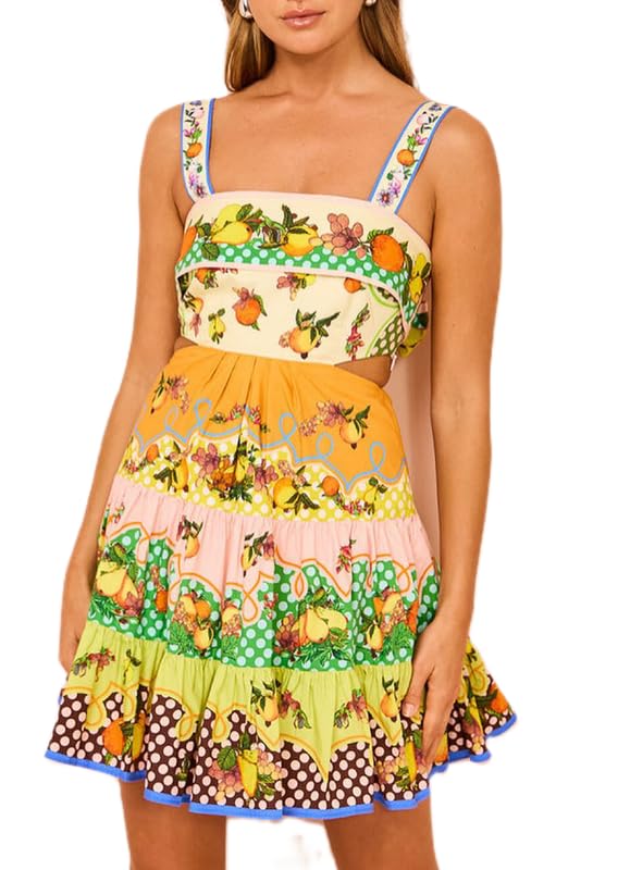 Image of ROAONOCOMO Women Boho Graffiti Cami Mini Dress Spaghetti Strap Printed A Line Short Dress Cute Colorful Sundress