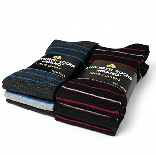 Lucchetti Socks Milano Set da 6 Paia di calze uomo lunghe caldo cotone colorate tendenza pois fantasia fashion Made in Italy (Taglia Unica, Set Mistero a righe)