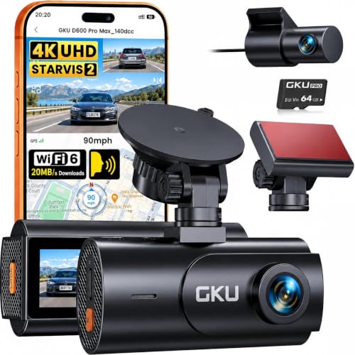 GKU 4K Dash Cam Front and Rear, STARVIS 2 Sensor, Free 64GB Card Included