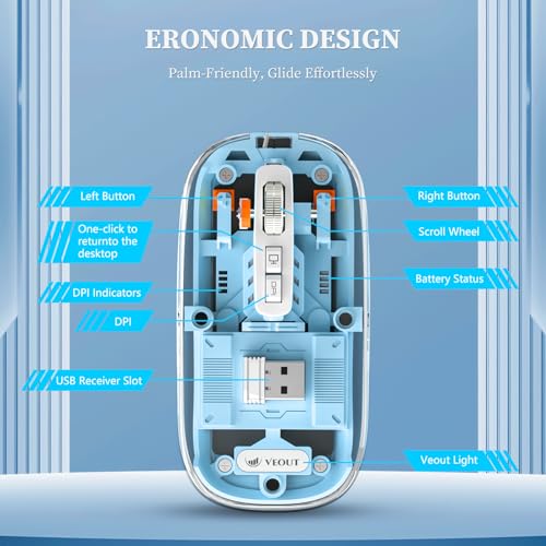 Image of Veout Wireless Bluetooth Mouse, Portable Silent Click Rechargeable Mouse with USB Receiver, 3-Level DPI, Compatible with Laptop, PC, Mac, Tablet, Phone