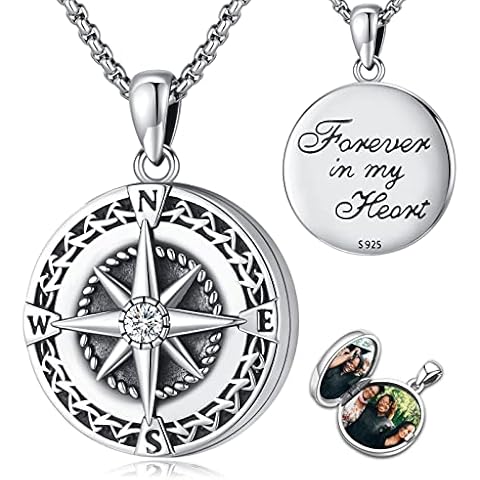 Eusense Kompass Medaillon Halskette für Bilder 925 Sterling Silber Fotos Anhänger Graduierung Schmuck Memorial Geschenk Männer Frauen Cover