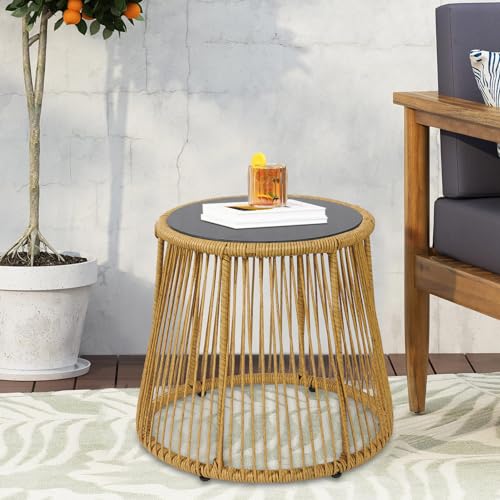 مجموعة بيسترو من 3 قطع من ييان، مجموعة فناء خارجي من الخوص مع مقعد مريح معزز، طاولة قهوة جانبية مستديرة بسطح زجاجي، مجموعة محادثات الفناء للشرفة والحديقة والفناء الخلفي، ابيض