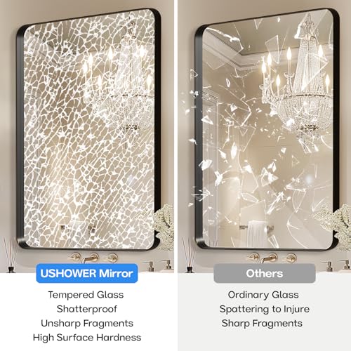 Image of USHOWER Black Bathroom Vanity Mirror for Over Sink, 24 x 36 Inch Rectangle Mirror for Bedroom, Bathroom, Entryway, Wall Mounted & Metal Frame, Tempered Glass, 2-Pack