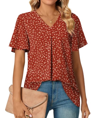 Anyally Women's Summer Dressy Chiffon Blouses Plus Size V Neck Ruffle Short Sleeve Tunic Tops for Leggings Casual T-Shirts, 3XL Polka Dots Red