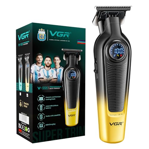 VGR V-996 Professional Hair Trimmer for Men – Cordless Beard & Hair Clipper, Precision Ceramic & Titanium Blade, Turbo 7000 RPM Motor, LED Display, USB Charging, 4 Guide Combs, Gold & Black