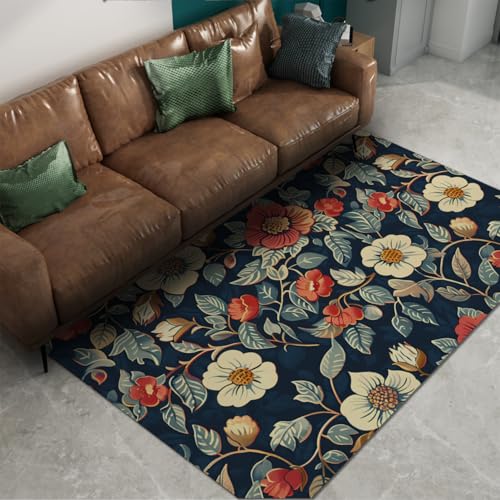 Carpette bleue vintage 60x90cm aux finitions botaniques