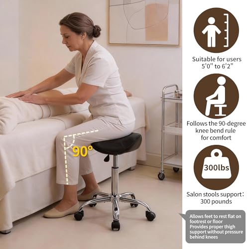 Image of FIRAVOE Saddle Stool, Swivel Saddle Stools with Wheels, Adjustable Rolling Stool 18 inch-26 inch, Faux Leather Rolling Saddle Stool for Salon, Massage, Clinic, Lab, Office (Black, 1PCS (18 inch-26 inch))