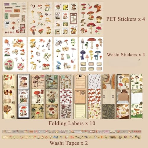 Image of VOTDOT (346Pcs) Paper Junk Journal & Scrapbook Kit, Scrapbooking Supplies Kit with Creative Decor Journaling Supplies, Stationery, Stickers, A6 Grid Notebook with Graph Ruled Page Gift for Girl (Red Mushroom )