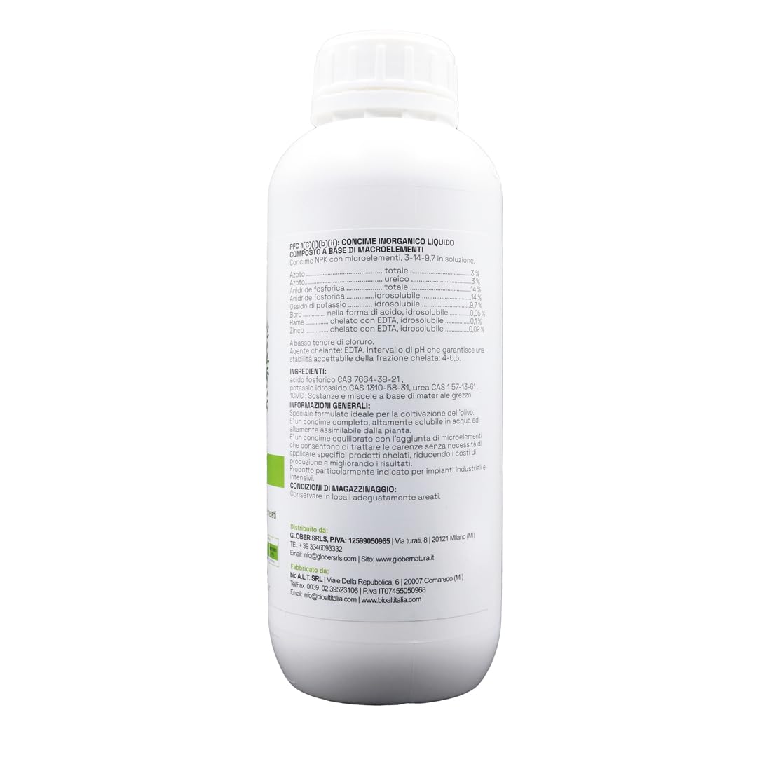 GLOBER Concime Olivo 1 Litro - 1,2 kg Concentrato - Made in Italy - Azoto Fosforo e Potassio Fertilizzante Migliora la Crescita - Fertilizzante Interno ed Esterno - Boro per Ulivo - Nutrienti Olive