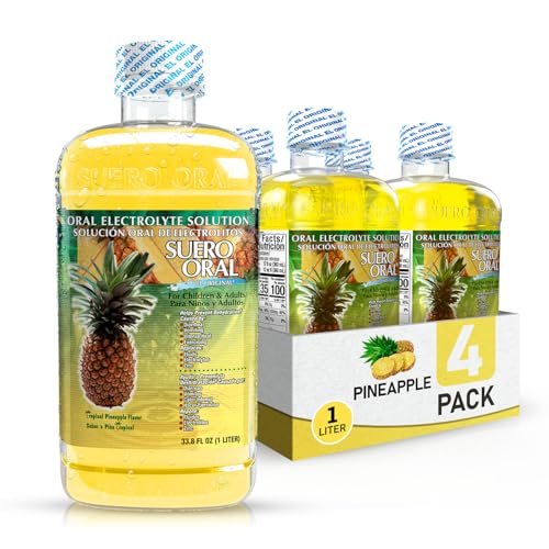Suero Oral Electrolyte Solution - Electrolytes Drink, Hydration Booster & Rehydration Drink for Kids & Adults, Hydrates, Replenishes, Energizes, Tropical Pineapple Flavor, 1 Liter (4 Pack)