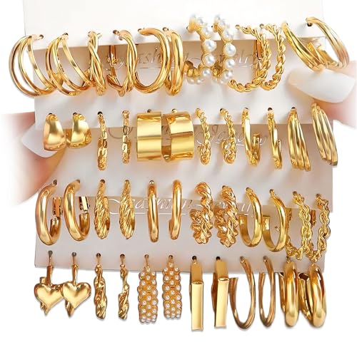 24 Pairs Gold Hoop Earrings Set for Women Hypoallergenic Chunky Chain Twisted Open Hoops Dangle Earring Packs for Birthday Party Fashion Jewelry Gift