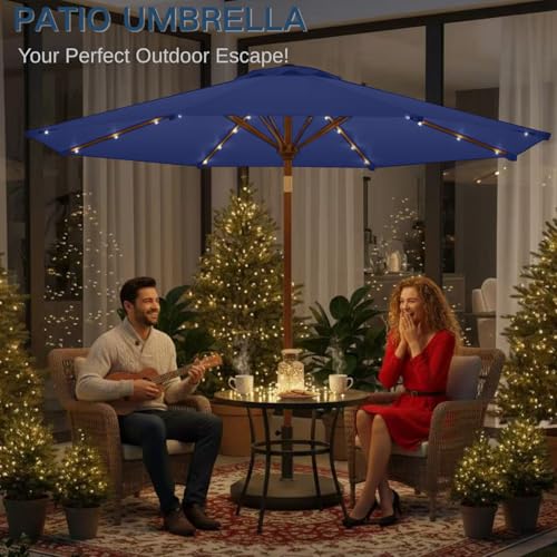 Image of 9' Solar LED Patio Umbrella with Tilt & Crank|8 Sturdy Ribs,UV Protection,Outdoor Market Table Umbrella for Deck,Lawn,Pool,Backyard(Navy)
