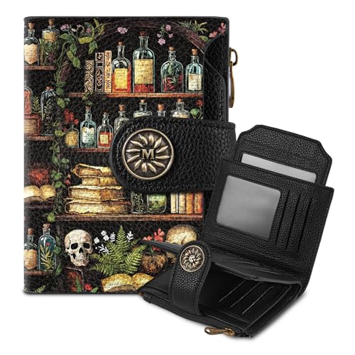 Mayski Skull Bookshelves Gothic Small RFID Wallet Women PU Leather Bifold Zipper Coin Pocket Compact Cash Credit Card Holder Purse Cute Travel Wallet for Ladies Teen Girls 4 ID Window 14 Card Slots