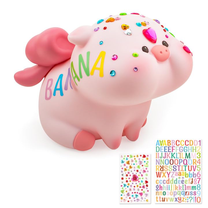 Lovely Piggy Bank for Kids, Plastic Pig Coin and Money Bank, Large Size Kids Piggy Bank with Name Sticker and Stickable Rhinestones, Ideal Birthday