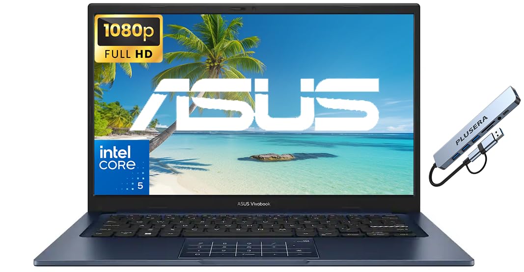 ASUS Vivobook 14인치 FHD 비즈니스 노트북 컴퓨터, 인텔 코어 5 120U(10코어) 프로세서, 16GB RAM 1TB SSD, 윈도우 11 프로, AI 코파일럿, 카메라 프라이버시 셔터, PLUSERA 8-in-1 허브 포함, 콰이어트 블루