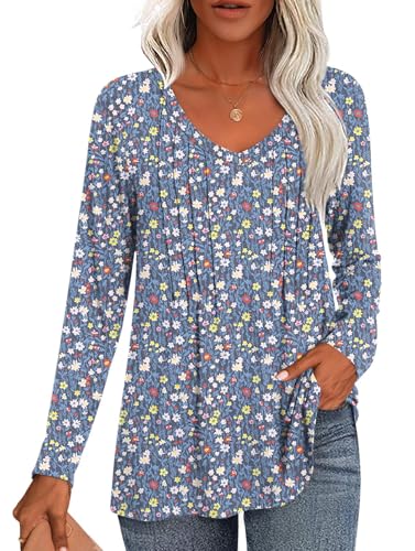 HOTGIFT 2025 Womens Tops Long Sleeve Shirts Casual Fall Winter Tunics Pleated V Neck Fashion