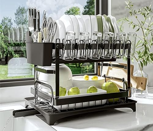 Image of Stainless Steel Dish Drying Rack, Rustproof Racks For Kitchen Counter With Removable Utensil Holder,Knife Slots And Cups Holder,Large Capacity Rack Storage Plates Bowls (Rack-304)