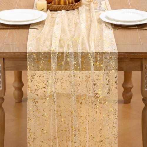 Image of Beige Gold Glitter Table Runner Sheer Gauze Foil Table Runner 120 Inch