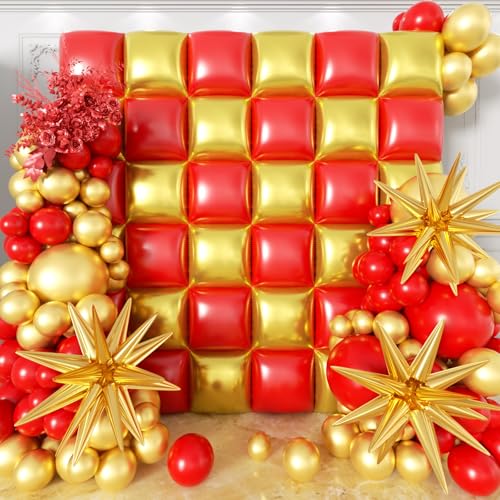 Image of 36pcs Red and Gold Square Foil Balloons Wall Backdrop with 147pcs Balloon Garland Arch Kit, Double Sided Balloons for Valentine's Day Wedding Birthday Engagement Anniversary Party Decorations