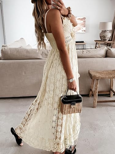 Image of CUPSHE Womens Lace Summer Maxi Dresses 2026 Beach Wear | V Neck Spaghetti Straps Sundress, Tassel, Boho Pom Poms, Flowy Vacation Outfits, Resort Wear, Graduation Wedding Guest Looks
