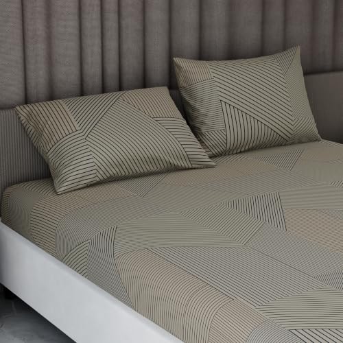 Image of BLISSHOME Everlast 150TC King Size Fitted Bedsheet with 2 Pillow Covers, Aesthetic Bedding, Wrinkle Resistant, 100+ Wash Durable, Quick Dry, Geometric Pattern - Beige (183cm x 198cm + 25cm Drop)