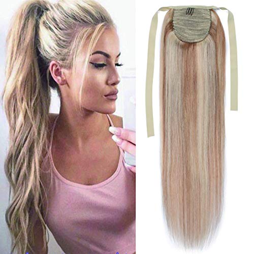 Binding Ponytail Extension Human Hair Long Straight 100% Real Remy Hair Highlight Tie Up With Ribbon Pony Tails Hair Extensions For Women #18P613 Ash Blonde&Bleach Blonde 20 Inch 95g