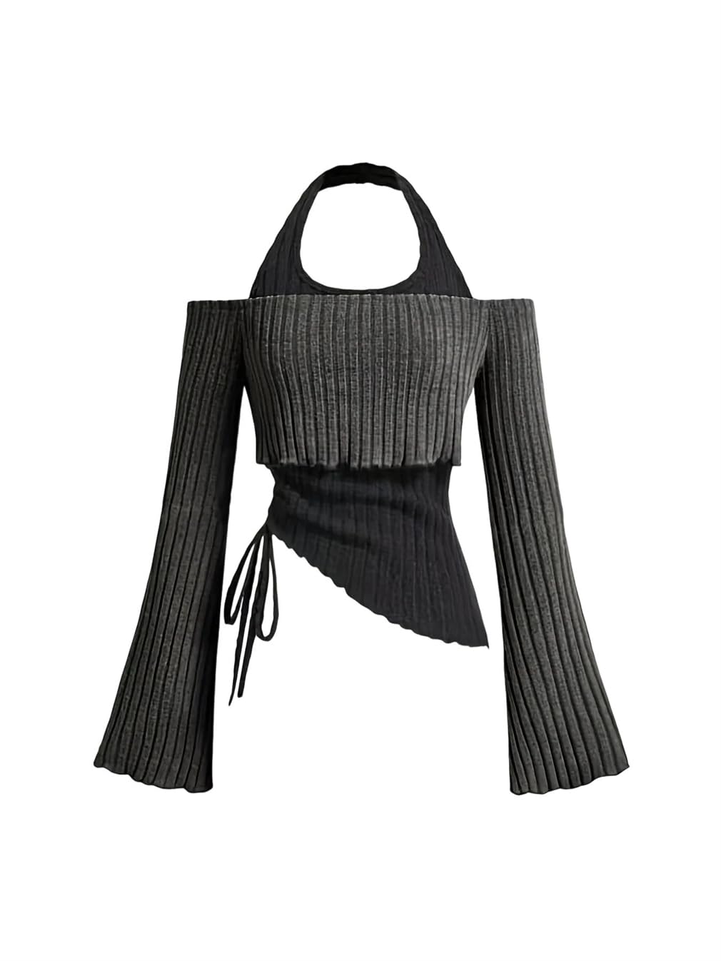 Womens Long Sleeved T-Shirt Contrasting Color Fake Two-Piece Neck Knit Sweater Slimming Girl Top