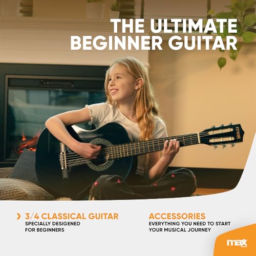 Image of MAX SoloArt Junior 3 /4 Classical Acoustic Guitar Kit for Kids (Ages 6-12 Years) | Sleek Black Basswood Body Includes Gig Bag, Guitar Strap, Extra Strings & Picks | Designed & Engineered in Netherlands