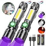 🔦 7 Modi Taschenlampe: Starkes weißes Licht - Niedriges weißes Licht - UV-Licht - COB weißes Licht - COB rotes Licht - SOS weiß und rotes Licht. Vergrößern / Verkleinern der Taschenlampe durch Dehnen des Lichtkörpers. Kreisförmige Scheinwerfer werden ausgewählt und für großflächige Beleuchtung verwendet. Oder verwenden Sie einen Blendstrahler für die Fernbeobachtung.