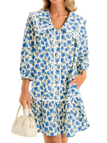 Image of Wenrine Womens Casual Shirt Dresses 3 /4 Long Sleeve Floral Button Down Flowy Babydoll Fall Mini Dress