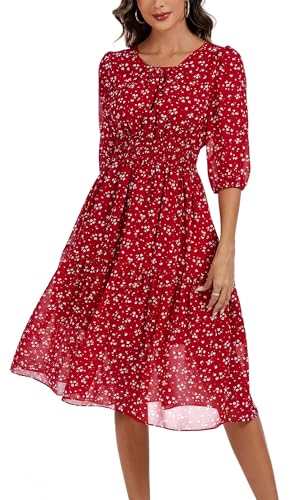 Image of Kormei Women Casual Boho Floral Round Neck 3 /4 Sleeve Smocked Waist Tiered A Line Flowy Swing Midi Dress Long Dresses